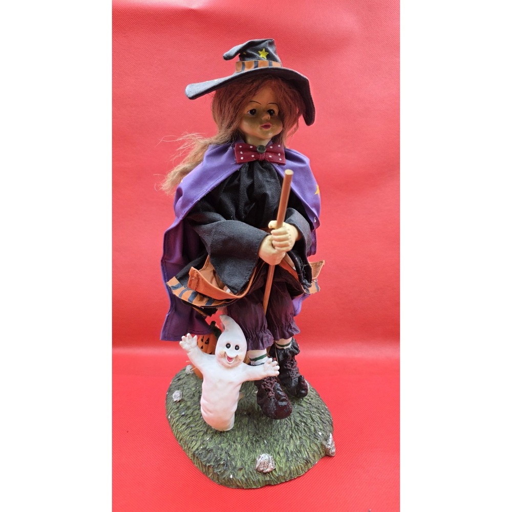 Vtg Halloween‎ Witch Ghost Pumpkin Jack-o'-lantern Figurine Resin & Paper-mâché